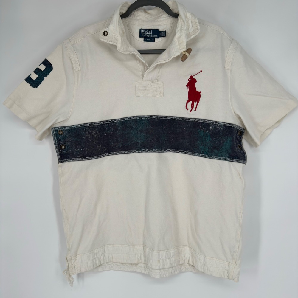 Vintage Polo Ralph Lauren Big Pony Rugby Shirt Mens XL Cream Short Sleeve Toggle